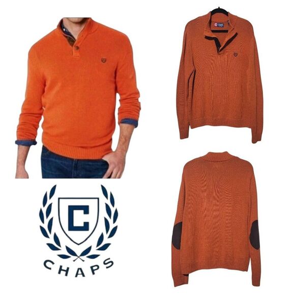 Ralph Lauren Chaps Mens M Henley Pullover Knit Sweater Academia- Dad Elbow Patch - Picture 1 of 11